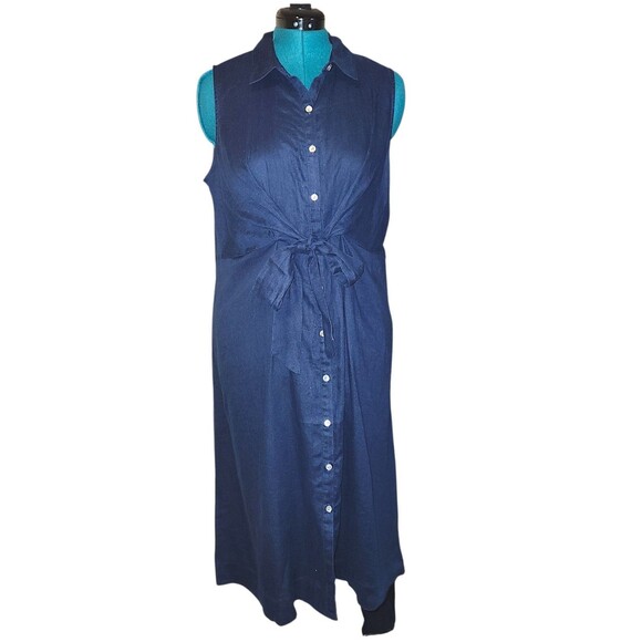 J. Jill Midi Shirt Dress, Navy Blue, Linen, Sleeveless, Tie Front, Sz LP - Picture 2 of 8